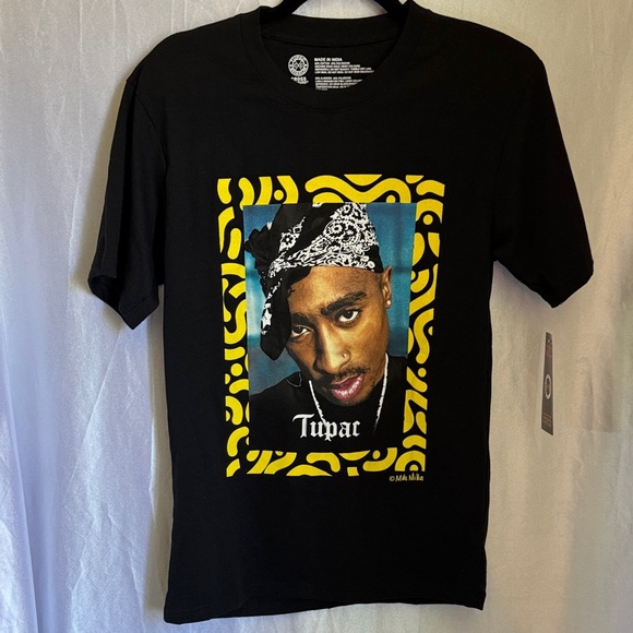 Black Tupac Shakur Graphic Tee with Yellow and Blue Accents "Poet" T-Shirt - Picture 1 of 5